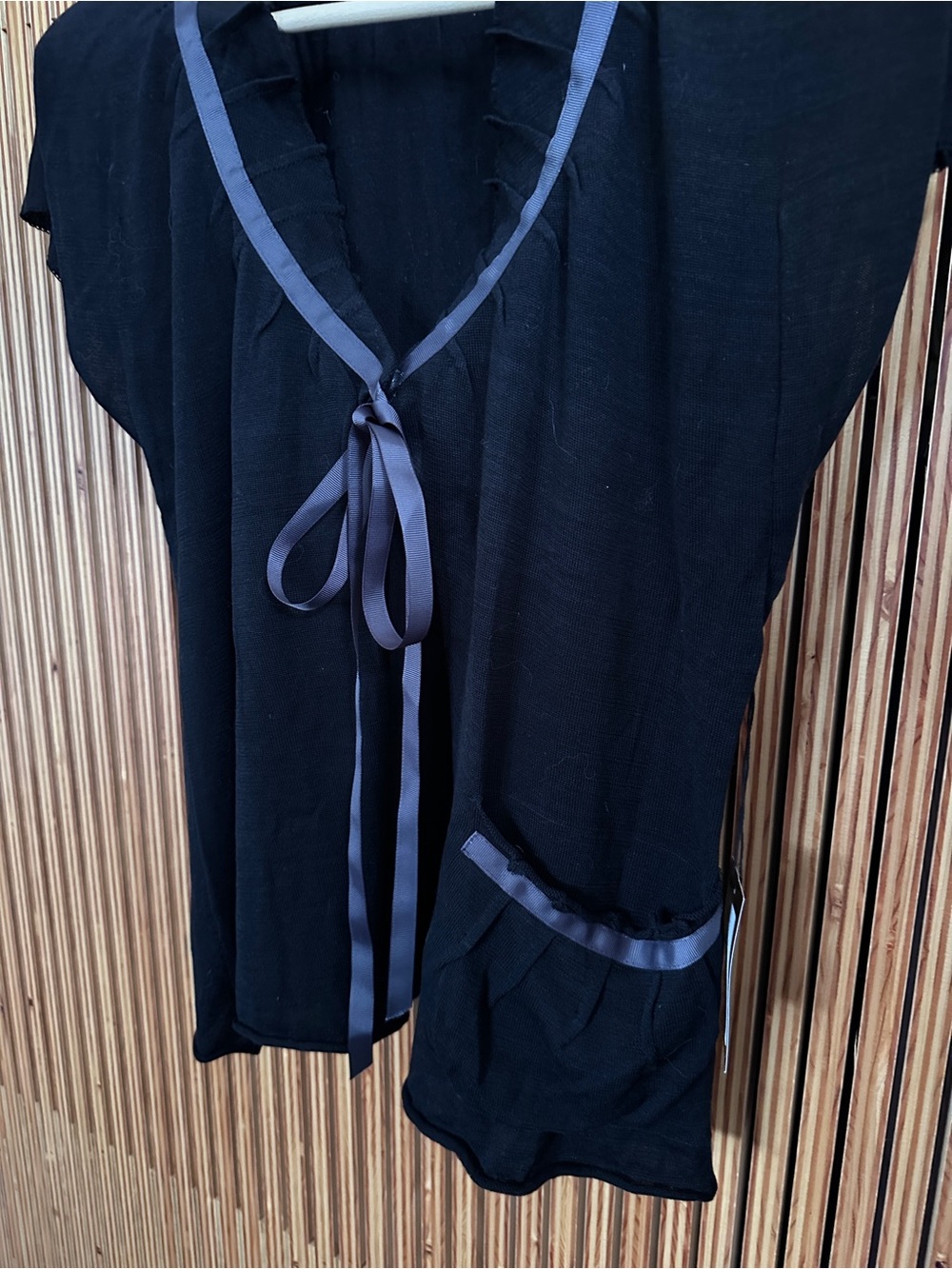 Black Ribbon-Tie Short Cap Sleeve Cardigan Sweater